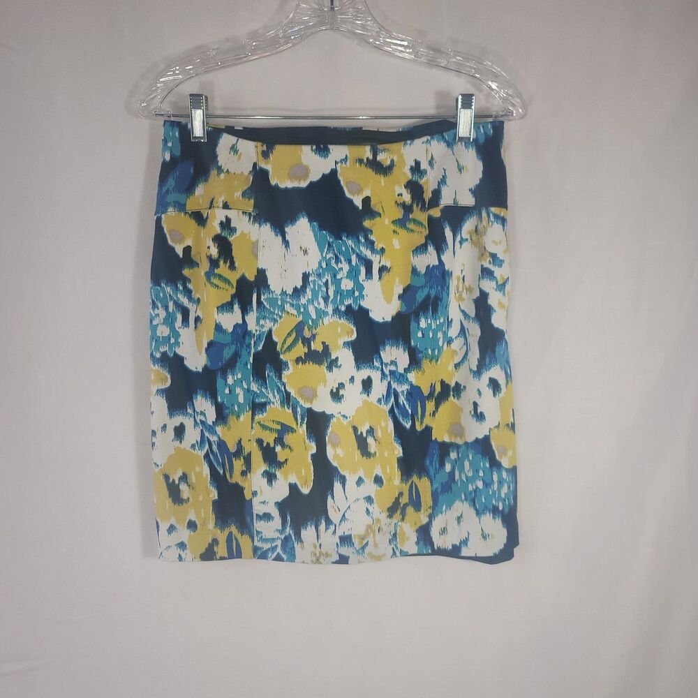 Lyssé New York Charity Pencil Skirt Navy Blue Yellow Abstract Floral Stretch L